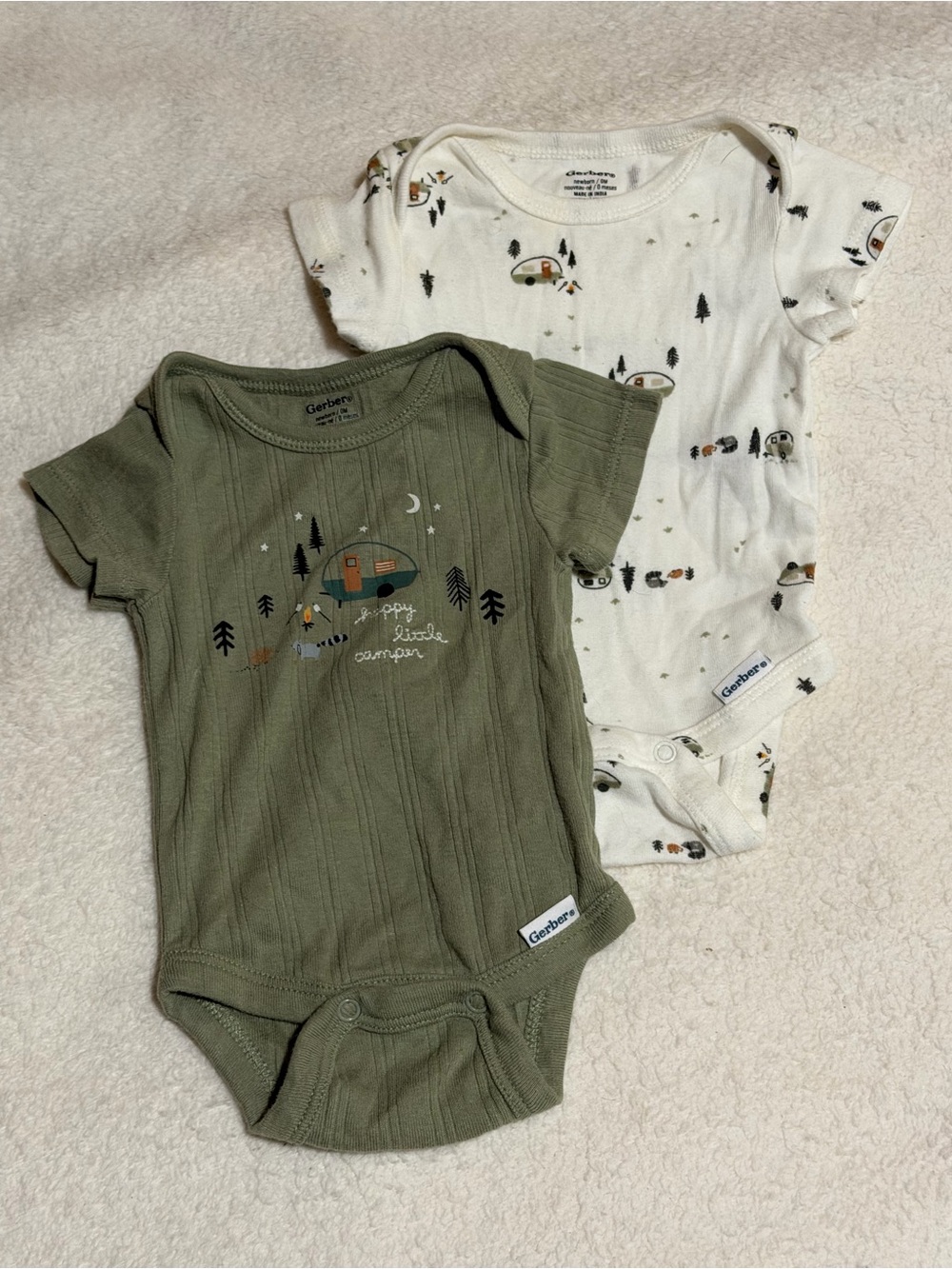Gerber Olive and Cream Camper Print Baby One-Piece Bodysuits
